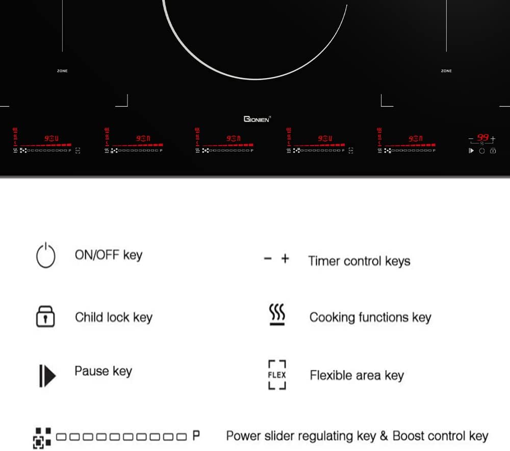 GIONIEN Induction Cooktop 36 inch with Flexi Bridge Elements Built-in 5 Boost Burners Electric Stove 9000W 220V~240V GIH905