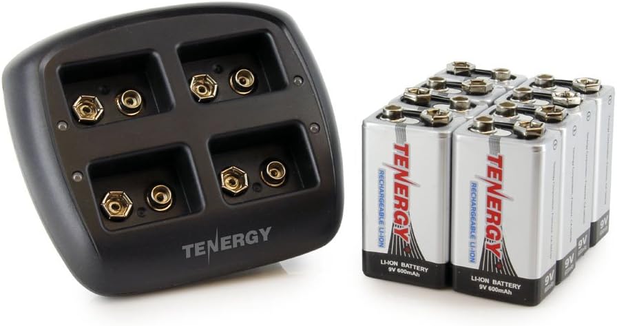 Combo: Tenergy TN294 4-Bay 9V Li-ion Battery Charger + 8pcs 9V 600mAh Li-ion Rechargeable Battery Pack of 2