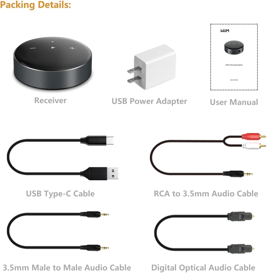 Wiim Mini Airplay 2 Music Streamer WiFi/Bluetooth Wireless Connection, Multiroom/Multizone Stereo Receiver Audio Adapter, Compatible with Alexa/Siri Voice Assistant, Spotify Tidal Connect etc.