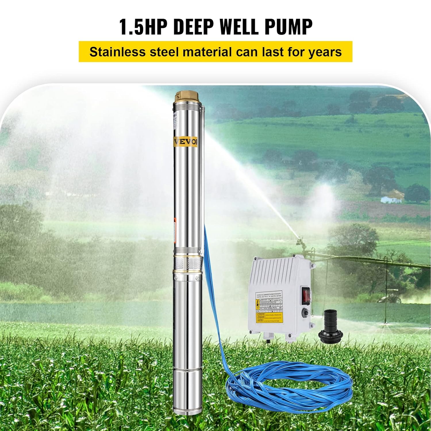 Happybuy Well Pump 1.5 HP 220V Submersible Well Pump 335ft Head 24GPM Stainless Steel Deep Well Pump for Industrial and Home Use