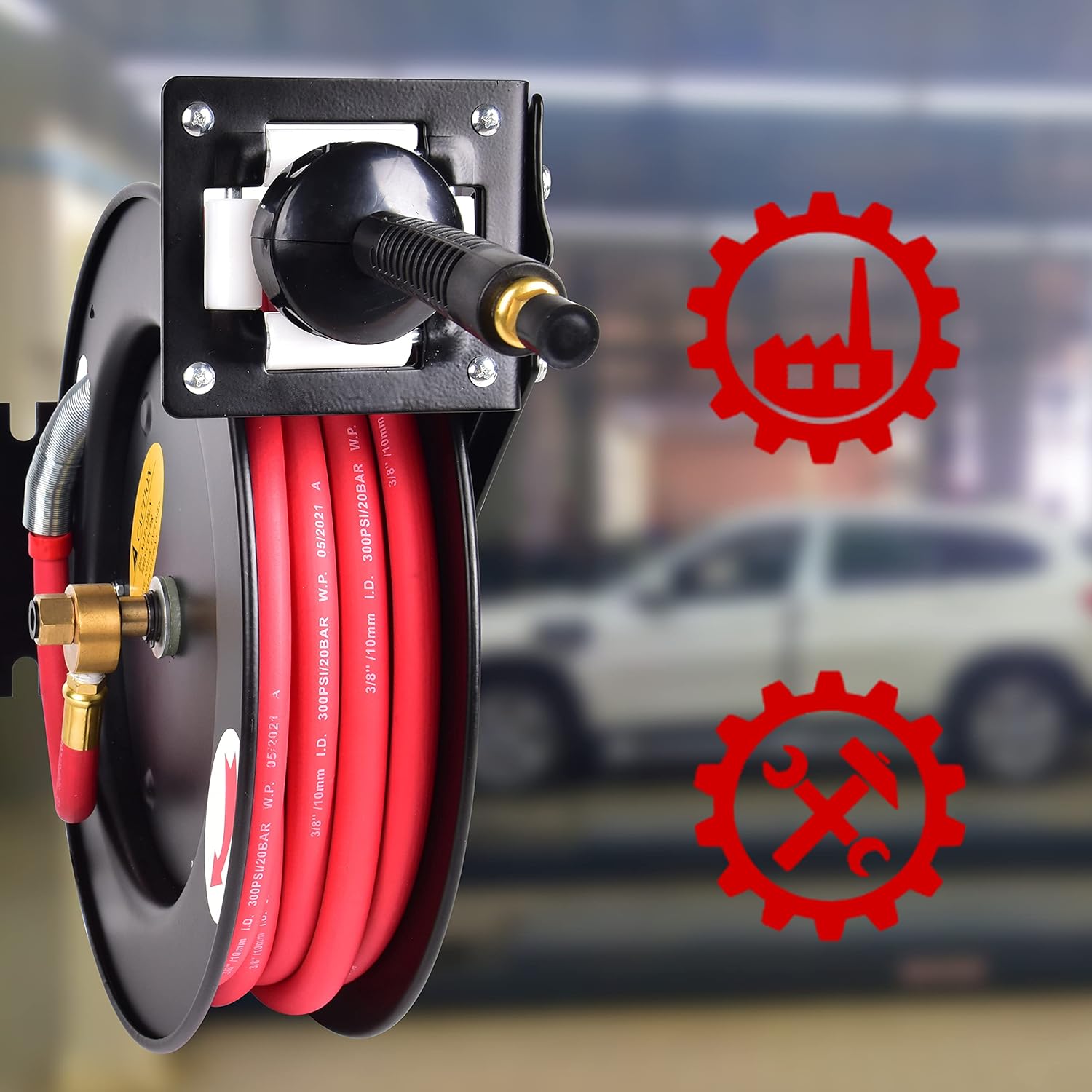 ET038G Retractable Heavy-Duty 3/8 in x 25 ft Air Hose Reel. Wall Mount, Retractable, 300 PSI Flexiable Hybrid Hose. Pack of 2