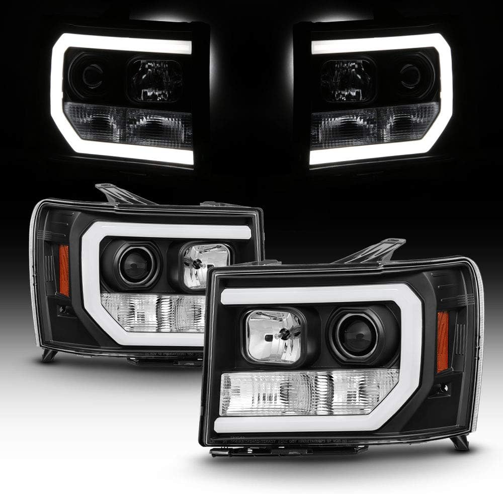 AKKON - For 2007-2014 GMC Sierra 1500 2500 3500 LED Light Tube Smoked Projector Headlight Driver + Passenger