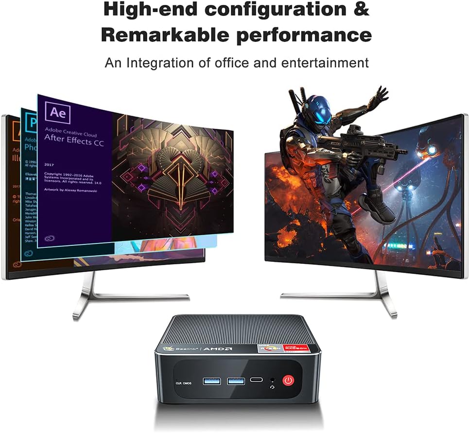 Beelink SER3 Mini PC AMD Ryzen 7 3750H 4C/8T Windows 11 Pro Desktop Computer, 16 GB RAM + 512 GB SSD, Radeon RX Vega 10 Graphics, Dual HDMI and USB-C 4K@60Hz Output, WiFi - BT, Auto Power On