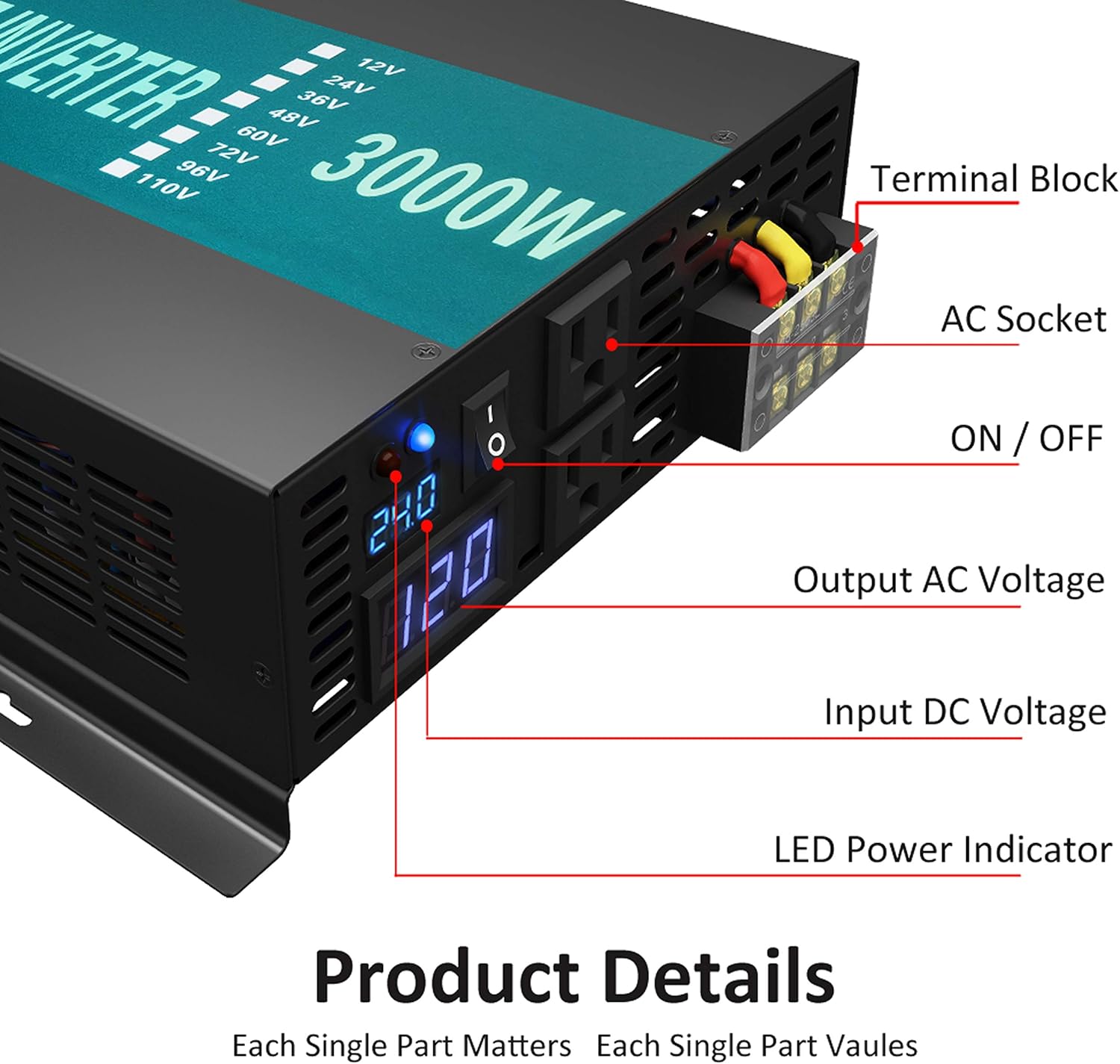 WZRELB RBP300012 3000W 12V 110~120V Pure Sine Wave Solar Power Inverter DC to AC System