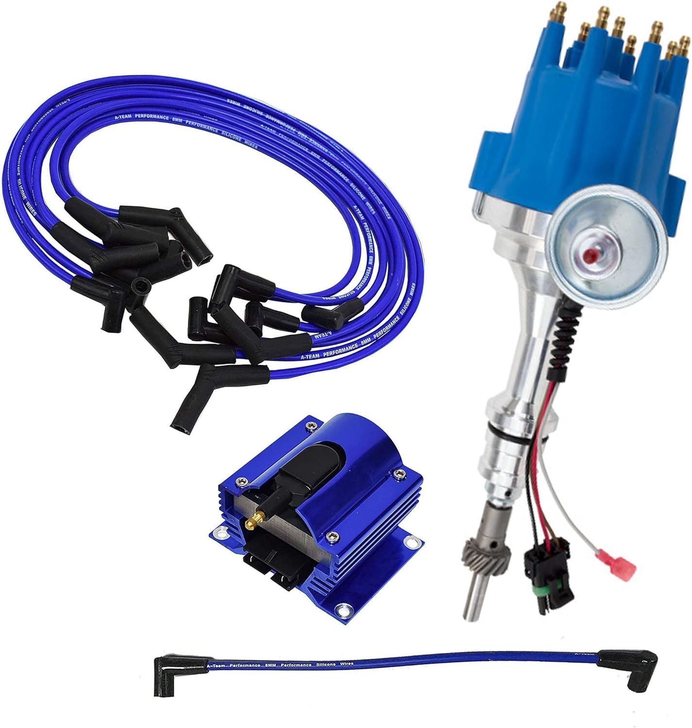 A-Team Performance - Pro Series Ready 2 Run Distributor, 8.0mm Spark Plug Wires, 50K Volts E-Coil and Coil Wire Kit - Compatible With Ford SB Small Block Windsor 289/302W, V8 Blue Cap