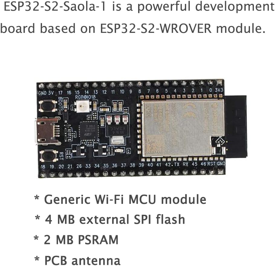 RCmall ESP32-S2-Saola-1R Dev Kit Espressif Development Board Based Wi-Fi MCU ESP32-S2 WROVER with 4MB Flash and 2MB PSRAM+Micro USB Cable (Pack of 4 ) Pack of 2