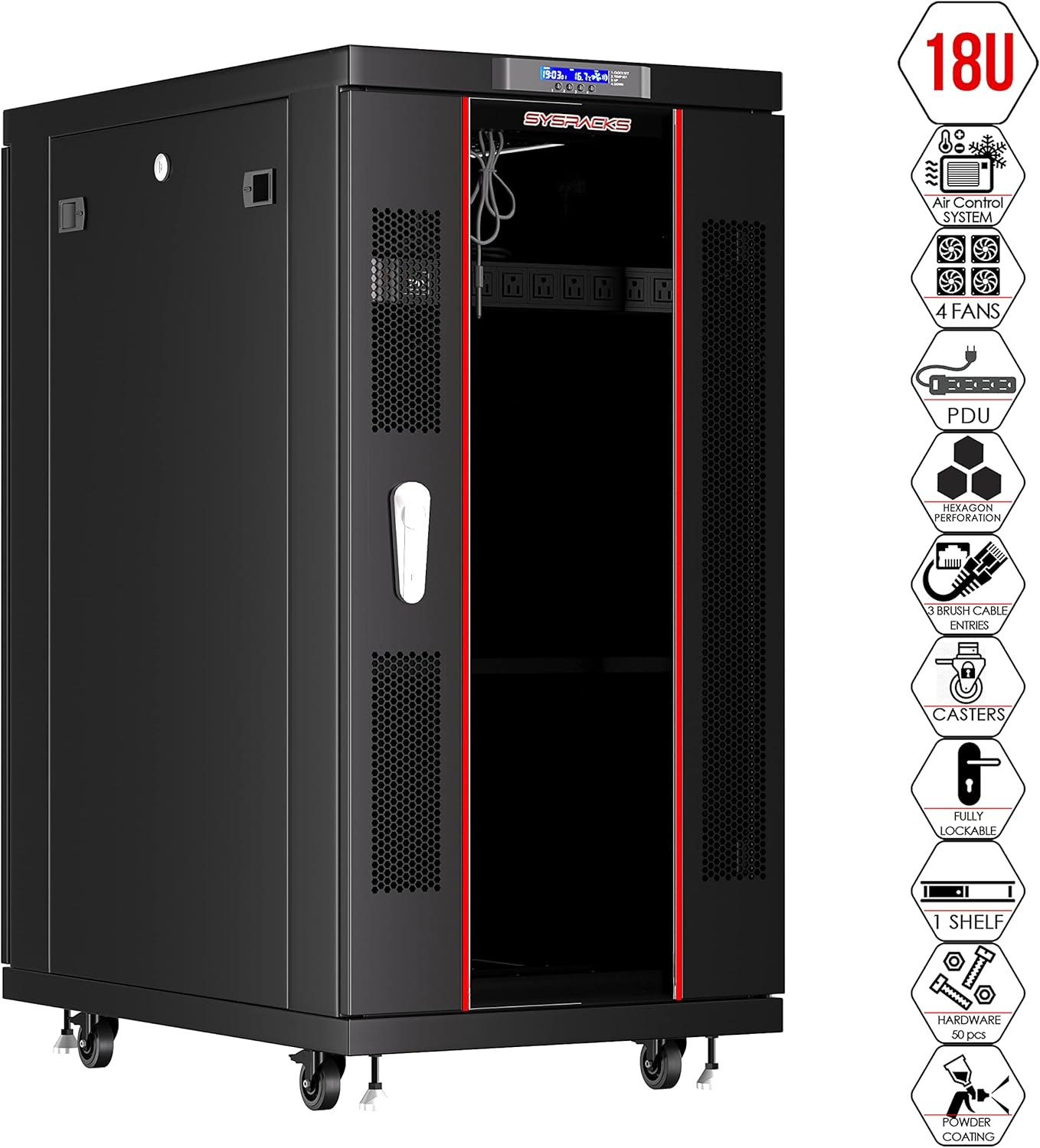 Sysracks 32U 39-Inch Deep Server Rack Cabinet It Enclosure Server Cabinet with Accessories - LCD Screen - Thermostat - PDU - Casters - 4 Fans – Shelf