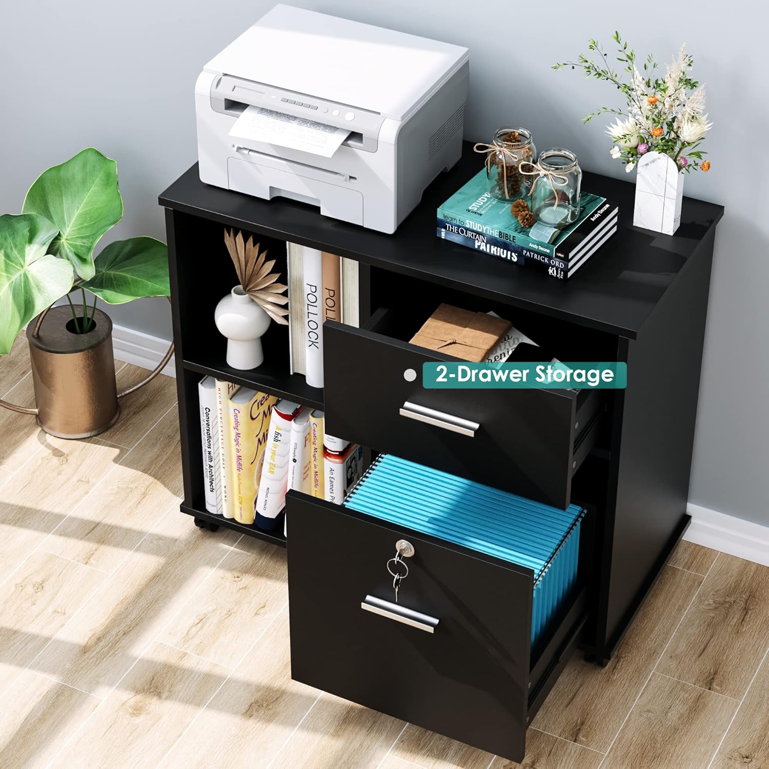 Lateral File Cabinet with Drawers and Lock, Wood Filing Cabinet, Rolling Printer Stand with Shelves for Home Office, Black