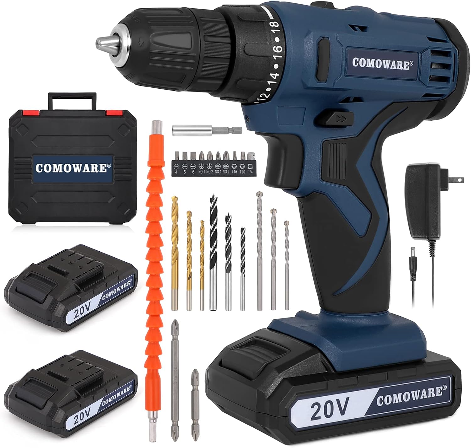 COMOWARE 20V Power Cordless Drill with 2 Li-ion Batteries & Fast Charger, 2 Variable Speed Drill Driver, 3/8” Keyless Chuck, 21+1 Torque Setting, LED Light, MAX 280 In-lbs, 23 Drill Bits Accessories Pack of 2