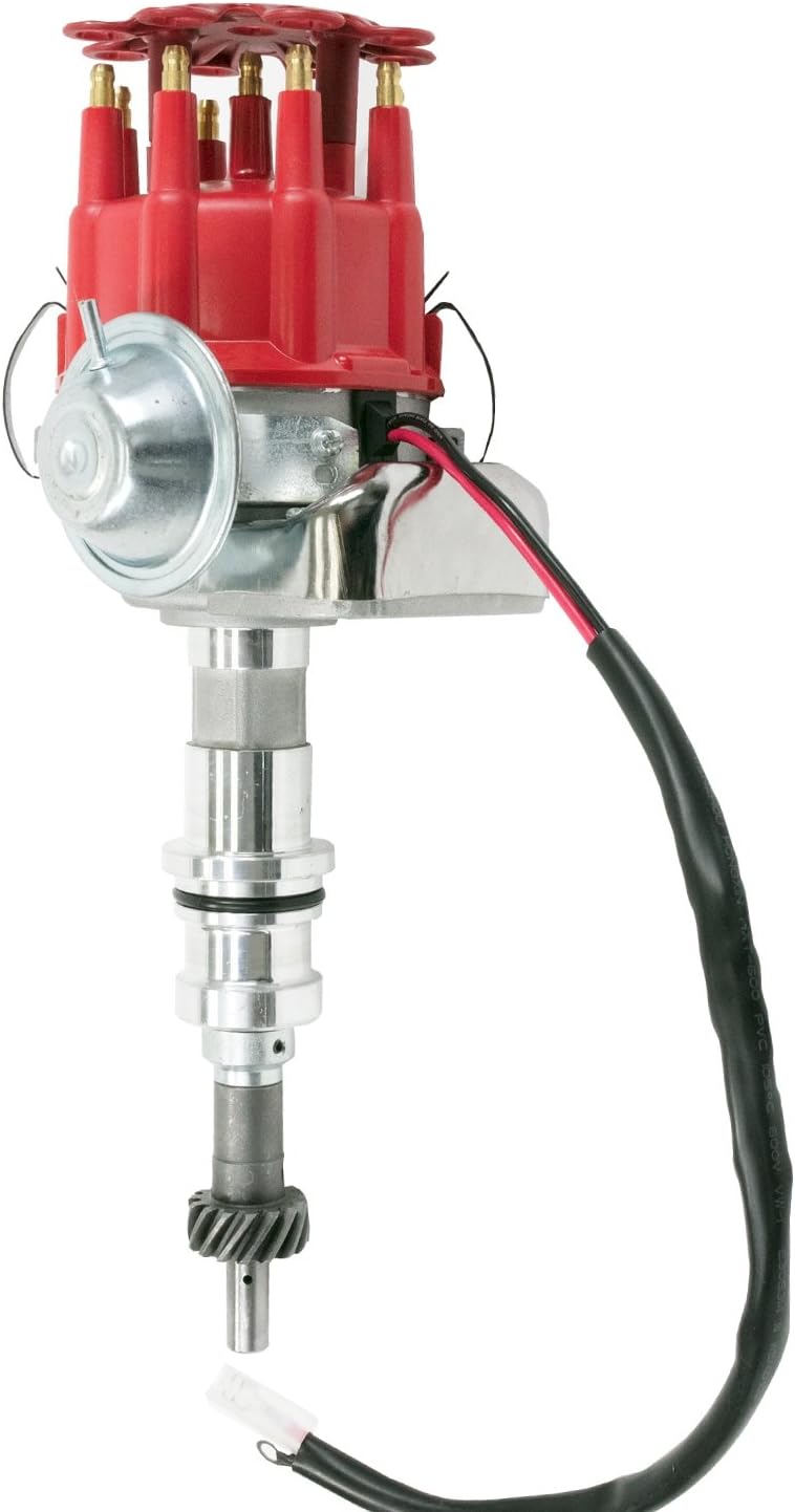 A-Team Performance - Ready 2 Run Distributor, 8.0mm Spark Plug Wires, 45k Volts Canister Coil, and Coil Wire - Compatible with Ford Small Block SBF 221 260 289 302 Two-Wire Installation Red Cap