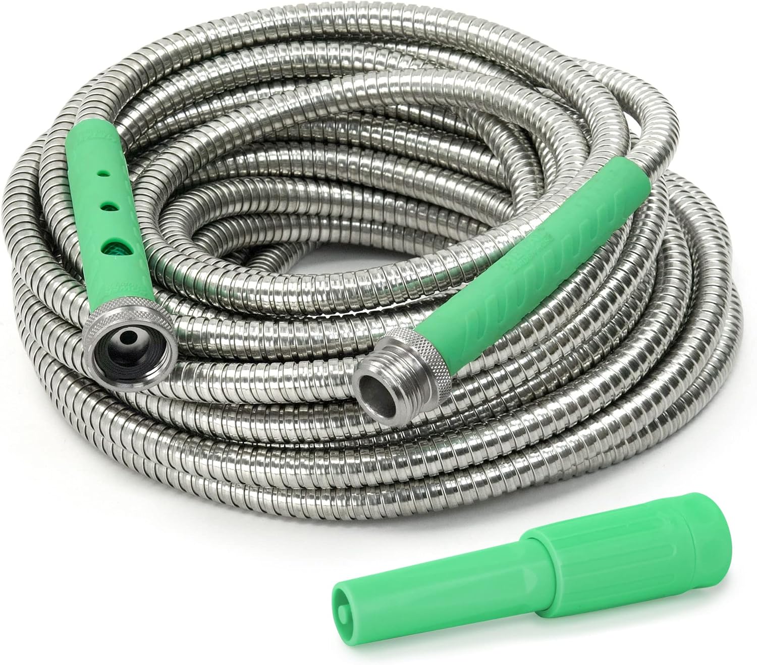 Bernini 75' Metal Garden Hose Lite Super Flexible Garden Hose, Lightweight No Kink Puncture Resistant 304 Stainless Steel Hose With Adjustable Fireman Spray Nozzle & Patented Power Couplers - Red Pack of 2