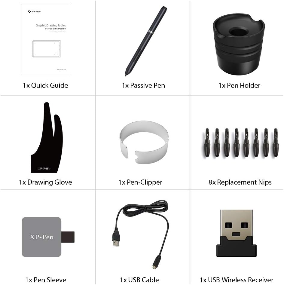 XP-Pen Star05 V2 Wireless 2.4G Graphics Drawing Tablets Digital Tablet Painting Board with Touch Hot Key and Battery-Free Passive Stylus Pack of 2