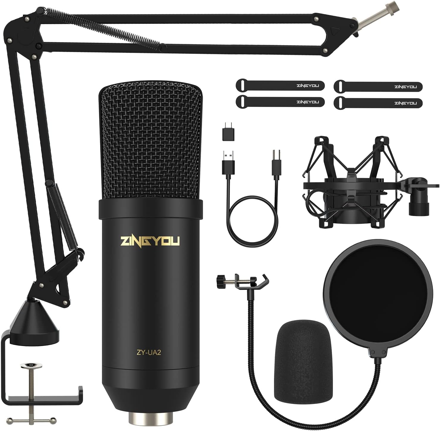 USB Condenser Microphone, ZINGYOU 96KHz/24Bit Plug & Play Cardioid Computer Mic Kit for PC Recording, Gaming, Live Streaming, Voice Over, YouTube, Twitch,with Upgraded Boom Arm, ZY-UA2 (Black) Pack of 2