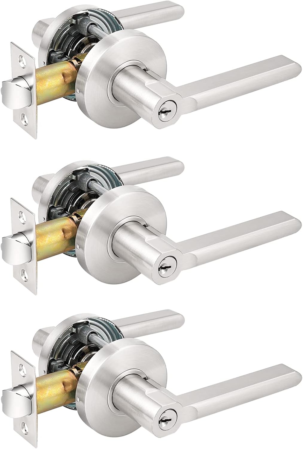 Probrico Flat Keyed Alike Entry Door Levers, Satin Nickel Single Cylinder Door Locks with Same Keys, Exterior Interior Door Levers with Lock and Key, Reversible for Right & Left Side, 5 Pack