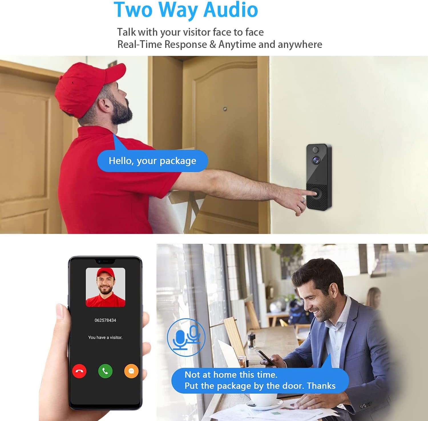 Doorbell Camera Wireless, 1080P HD Video Doorbell with Chime,2-Way Audio, PIR Motion Detection, Night Vision, IP65 Weatherproof, Free Cloud Storage,166° Wide Angle, Multi-User Use for Home Security Pack of 2