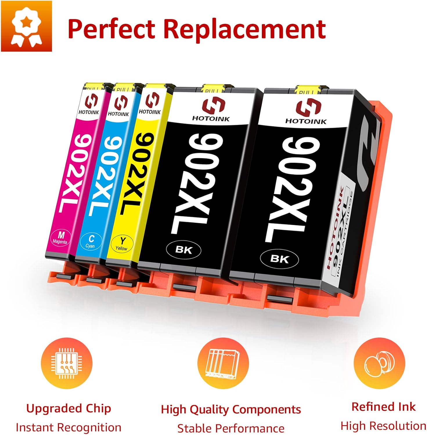 HOTOINK Remanufactured Ink Cartridge Replacement for HP 902XL 902 XL Ink Cartridges Combo Pack for OfficeJet Pro 6978 6968 6962 6958 6975 6960 6970 6954 Printer (1 Cyan 1 Magenta 1 Yellow 2 Black) Pack of 2
