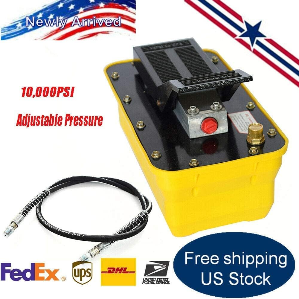 Air Hydraulic Pump 10,000 PSI 2.3L Auto Body Shop Air Hydraulic Foot Pump Pedal 1. 1/4NPT air Inlet 2. 3/8 NPT Oil Output Air Actuated Treadle Hydraulic Pump