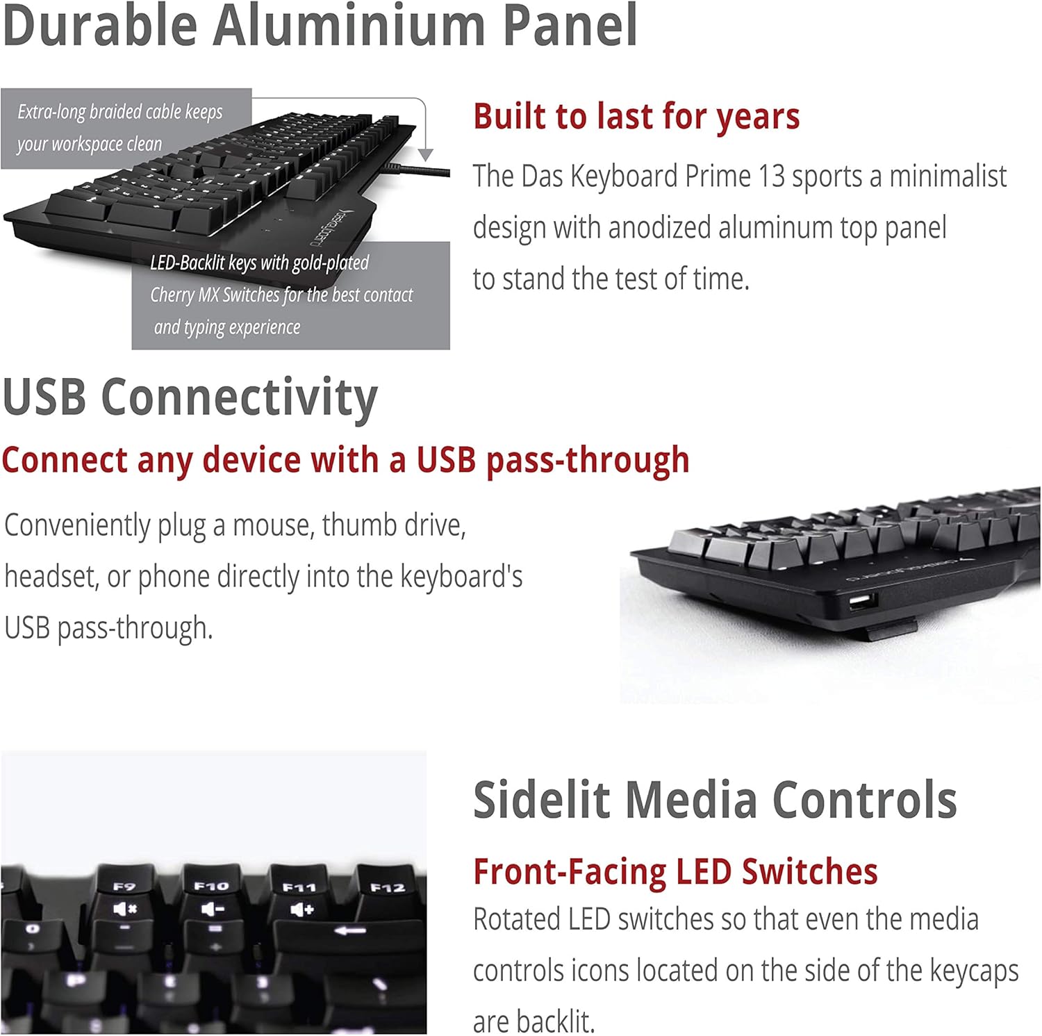 Das Keyboard Prime 13 Backlit Wired Mechanical Keyboard, Cherry MX Brown Mechanical Switches, Clean White LED Backlit Keys, USB pass-through, Aluminum Top Panel (104 keys, Black)