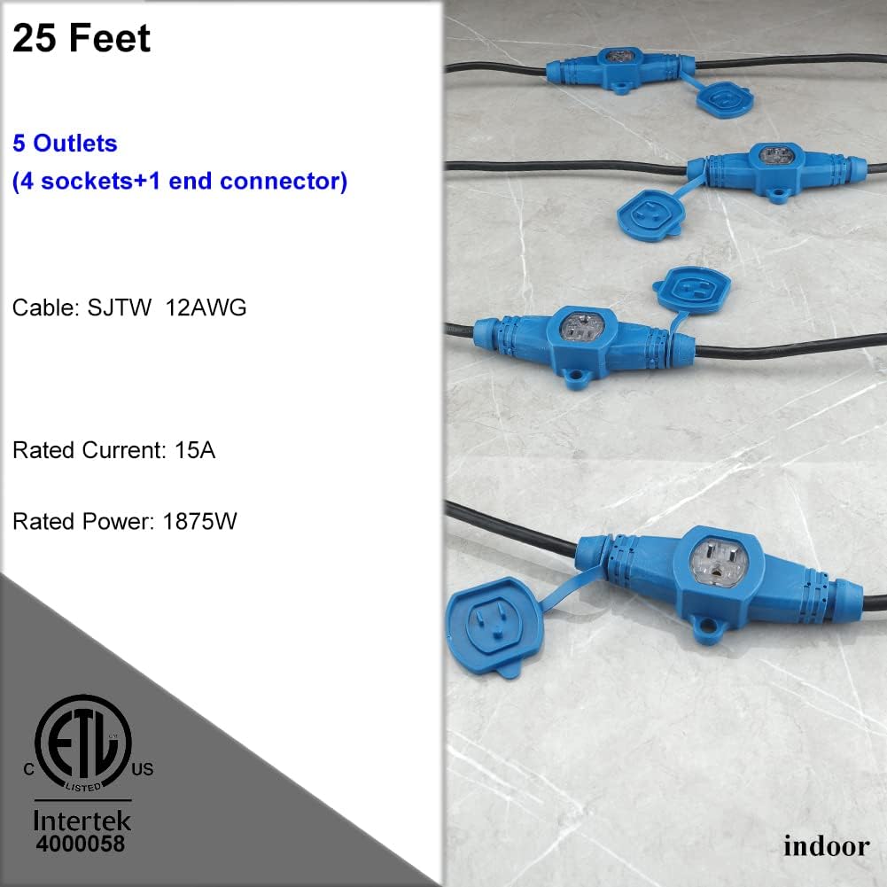 Erboelec 25 Feet Multi Outlet Extension Cord,5 Nema 5-15R Evenly Spaced Outlets Cable with Led Indicator,Sjtw 12 Gauge,Male to Female Plug,Etl Listed Pack of 2