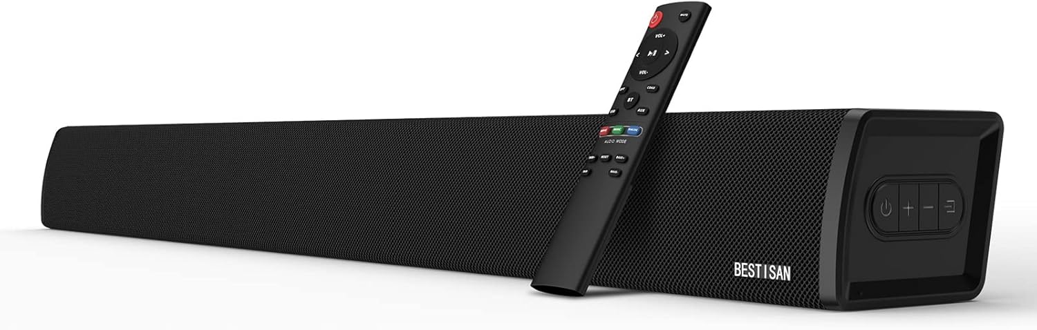 100 Watt 34 Inch TV Sound Bar with Built-in Subwoofer, BESTISAN Home Theater System Wired and Wireless Soundbar Speaker(Bluetooth 5.0, 105dB, Dsp Audio, Bass Adjustable, Wall Mountable)