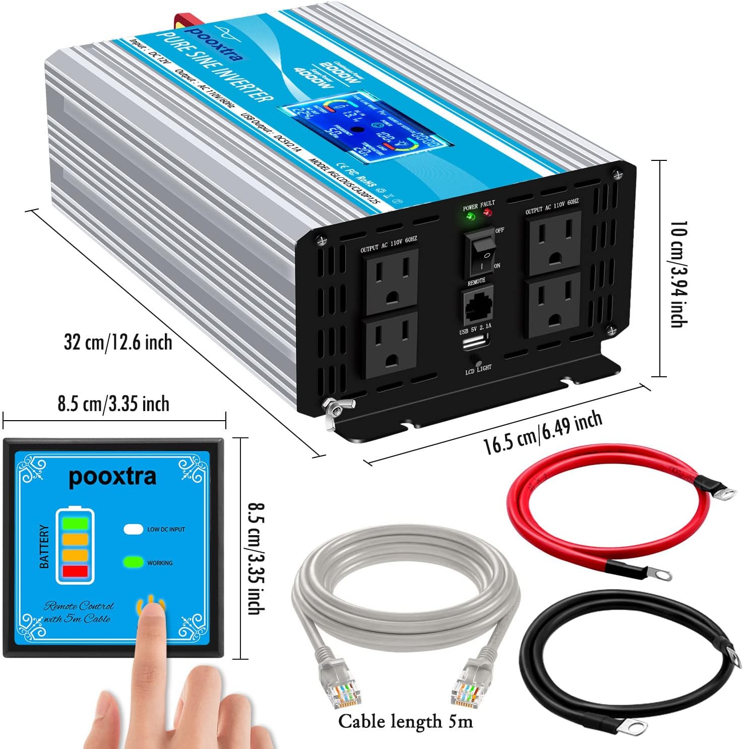 POOXTRA 2000 Watt Pure Sine Wave Inverter 12v to AC 110v with 4AC Power Outlets,Remote Control,2 Cooling Fans + LCD Display & USB Port for Home RV Emergency to Use(4000 watt Peak Power)