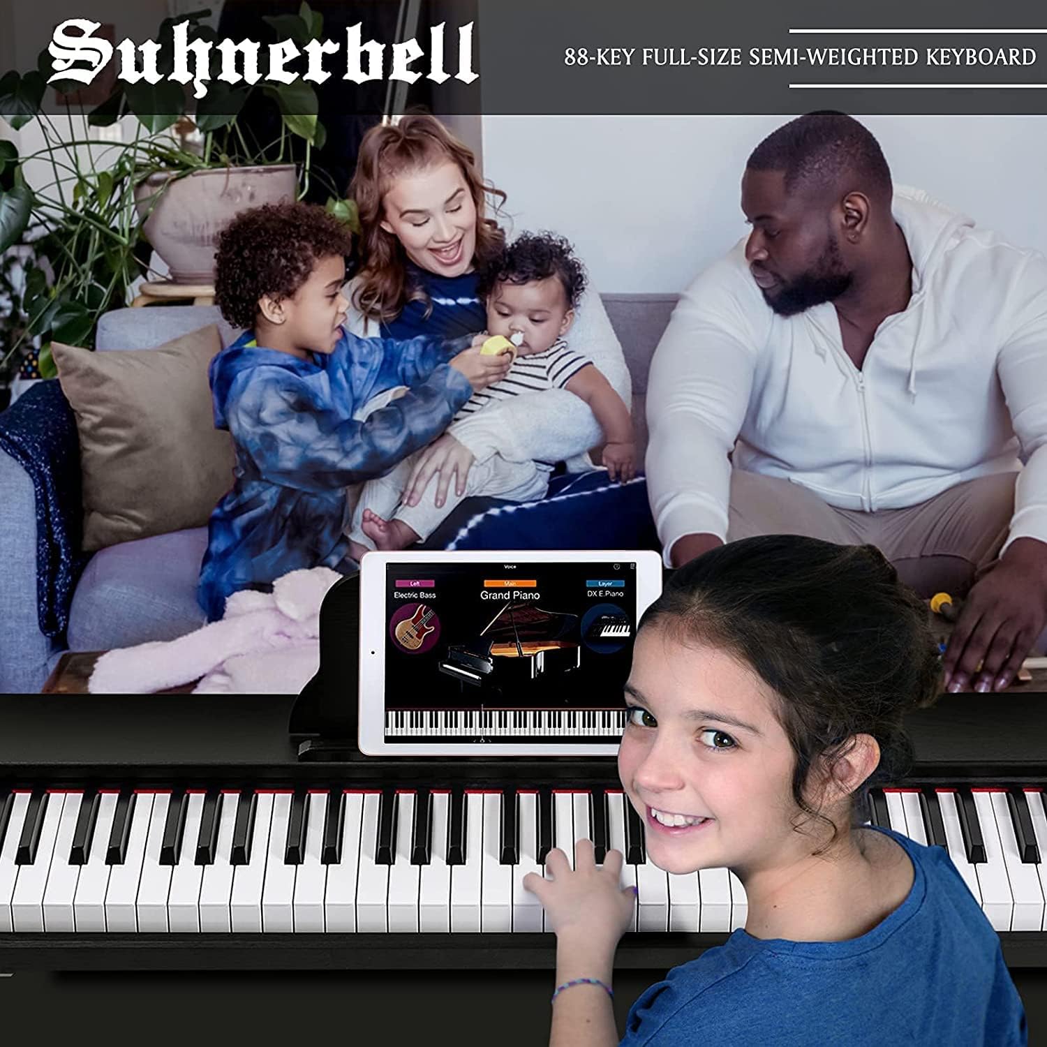 Suhnerbell Digital Piano Keyboard with 88 Key Full-Size Weighted Keys，Electric Piano/Keyboard Set For Beginner, Portable Keyboards Piano with Sustain Pedal(Black)