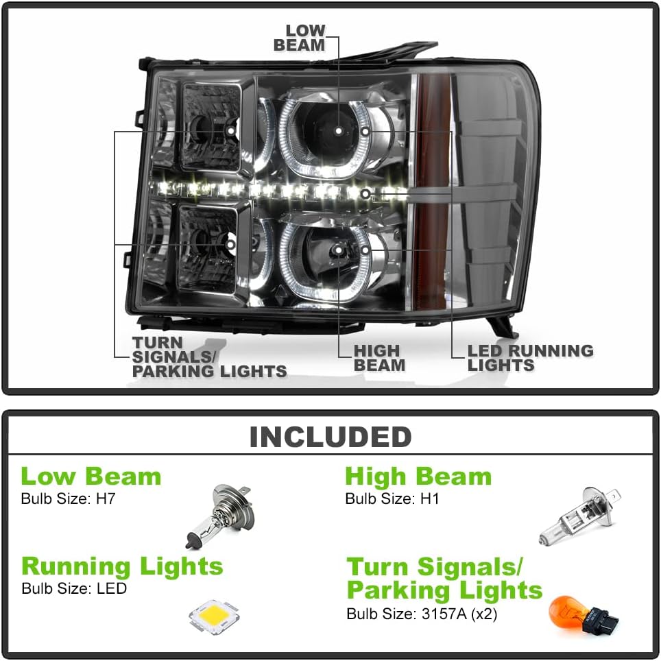 ACANII - For Smoke 2007-2013 GMC Sierra 1500 2500HD 3500 HD SMD LED Halo Projector Headlights Driver + Passenger Side