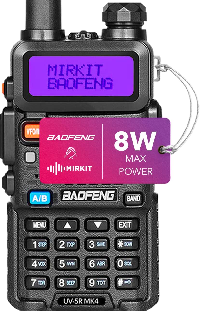 Extended Ham Radio Handheld Starter Kit Mirkit Baofeng Radio UV-5R MK4 8 Watt Max Power with 3800 mAh, Handheld Mic, Baofeng Programming Cable and Software - Extra Pack