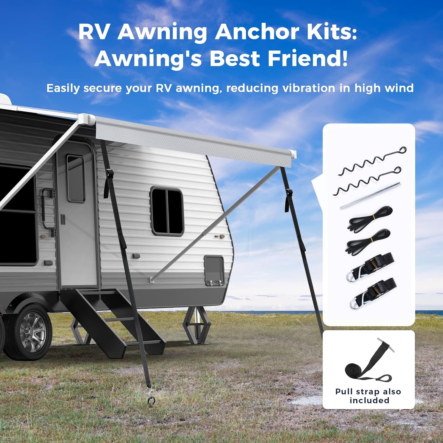 Fonzier 280GSM RV Awning Fabric Replacement Solution Dyed Fabric Camper Awning Replacement Fabric with Awning Anchor Kits & Pull Tension Strap for RV Trailer Motorhome - 17'(Fabric 16'2