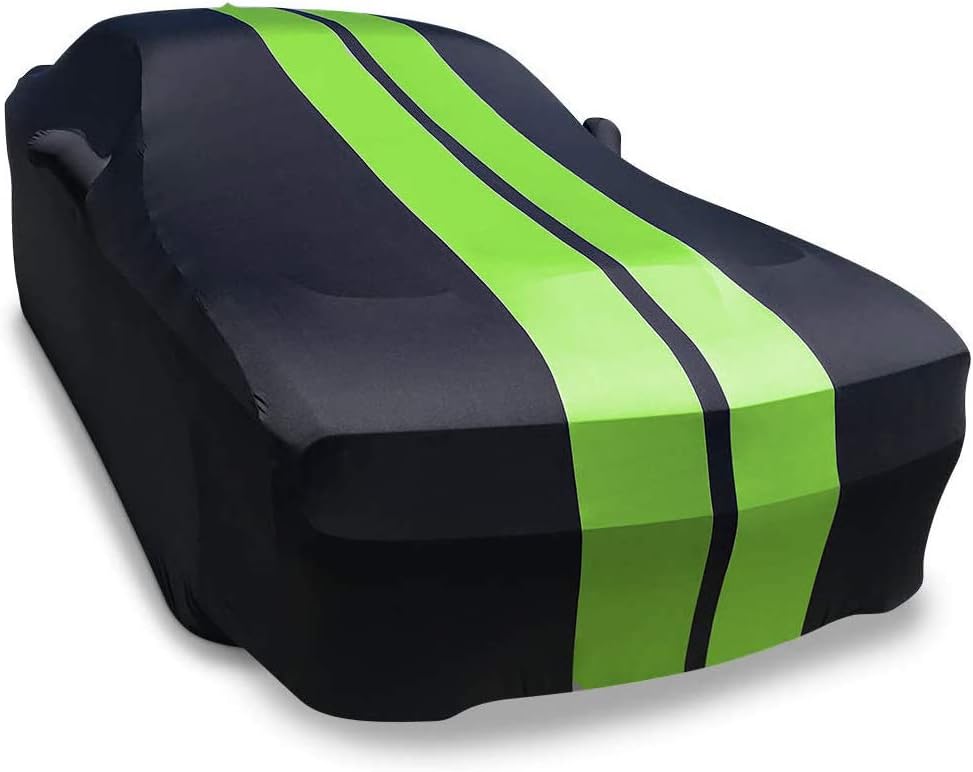 SR1 Performance Ultraguard Stretch Satin Indoor Car Cover Compatible for 2008-2022 Dodge Challenger - The Ultimate Custom FIT (Black with Gray Stripes)