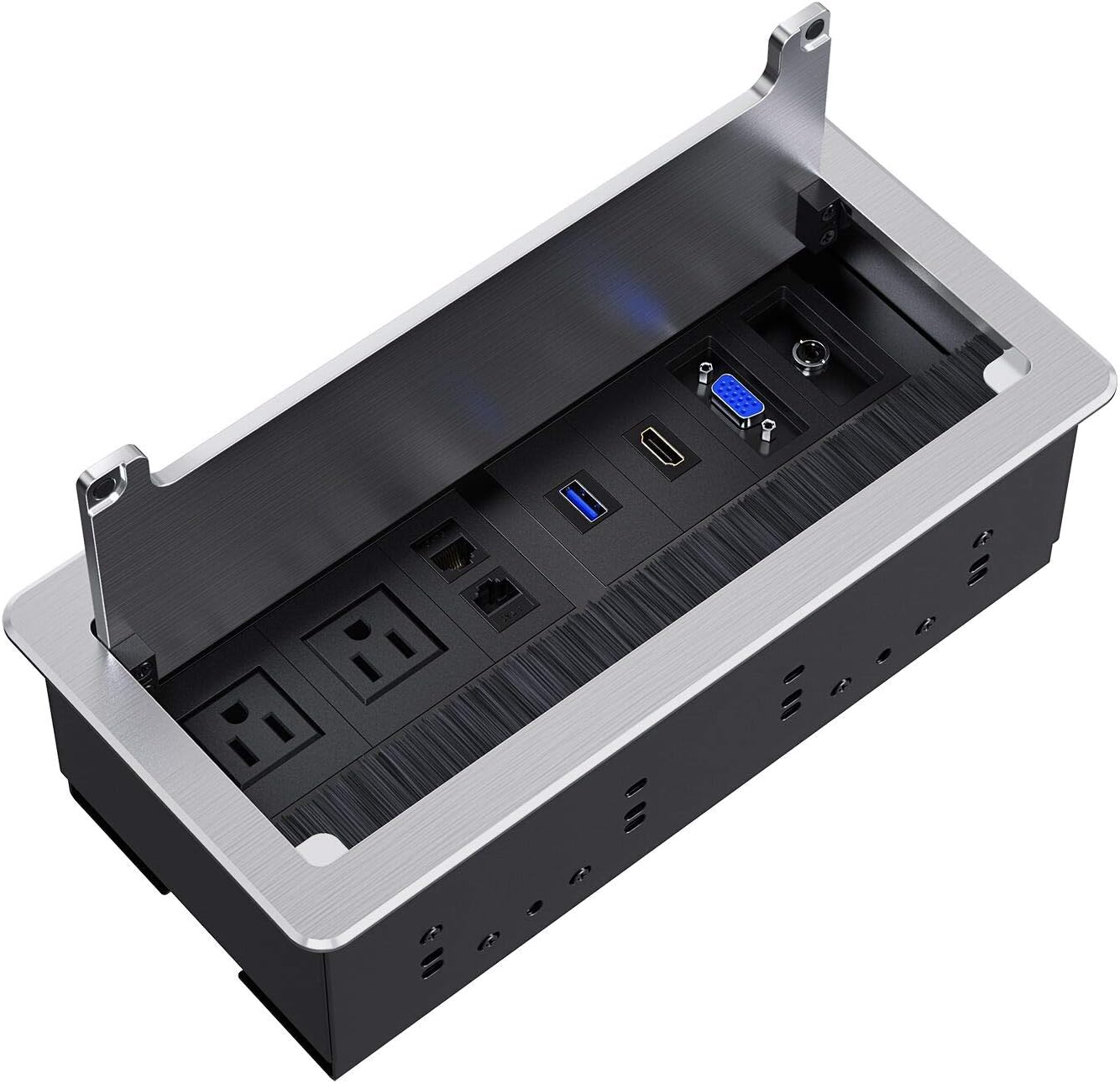 WEBANG Recessed Connectivity Box Outlet for Conference Room Table with 2AC Receptacle,2RJ45, 1USB3.0, 1HDMI, 1 VGA, 13.5mm Audio, Black Pack of 2