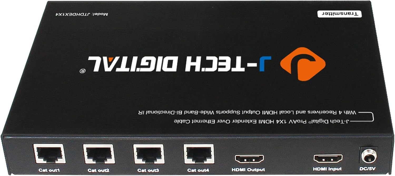 J-Tech Digital ProAV 1X4 HDMI Extender HDMI Amplifier HDMI Splitter Over Ethernet Cable with Bi-Direction IR and EDID Functions (1x4)