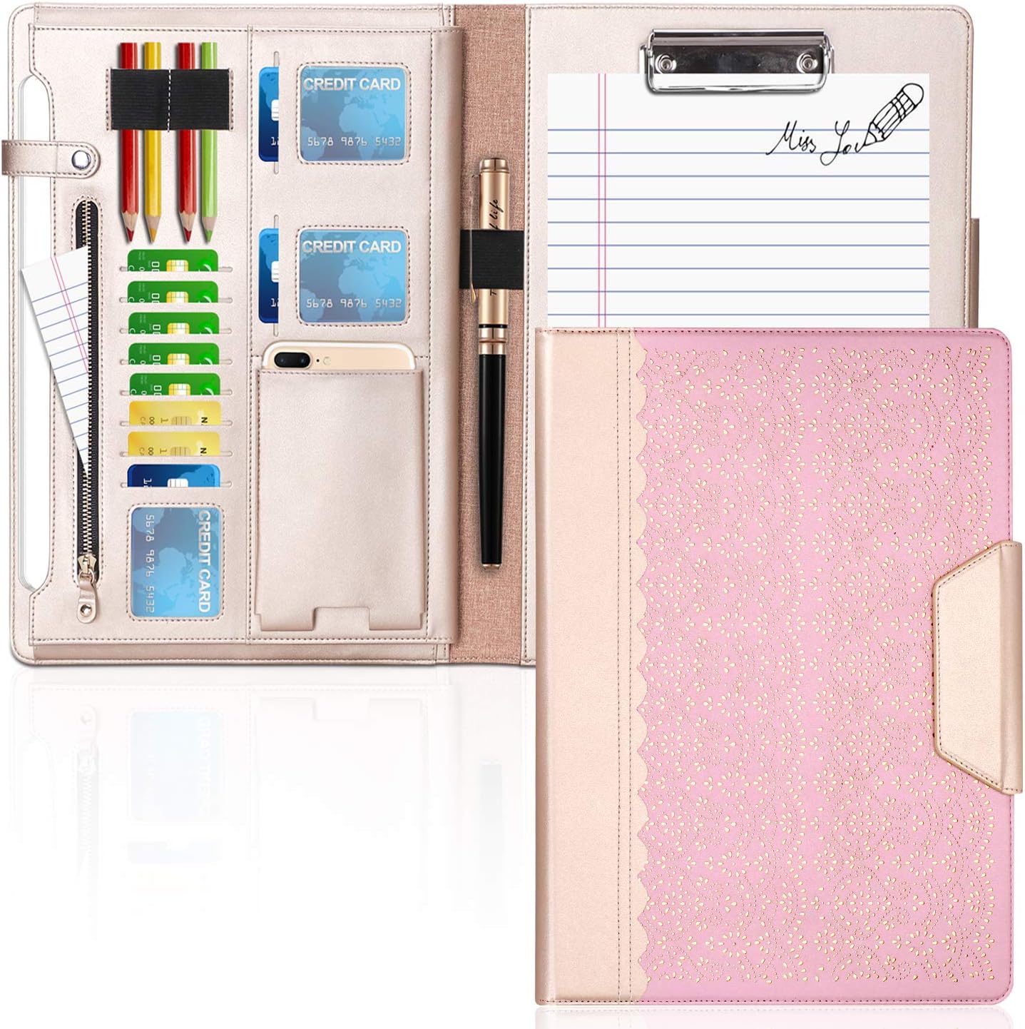 WWW Portfolio Case/Portfolio Folder, Interview/Legal Document Organizer with Business Card Holders, Letter-Sized Clipboard and Document Sleeve for Office and Interview Rose Gold Pack of 2