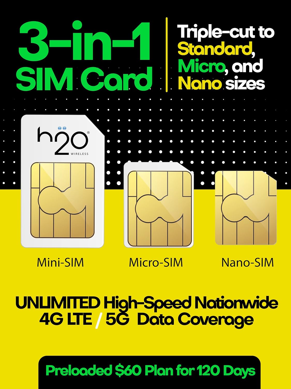 H2O Wireless SIM Card $60 Plan — Preloaded Triple-Cut SIM with Unlimited High-Speed 4G LTE/5G Data Coverage with Hotspot, International Talk & Text (120-Day Plan)