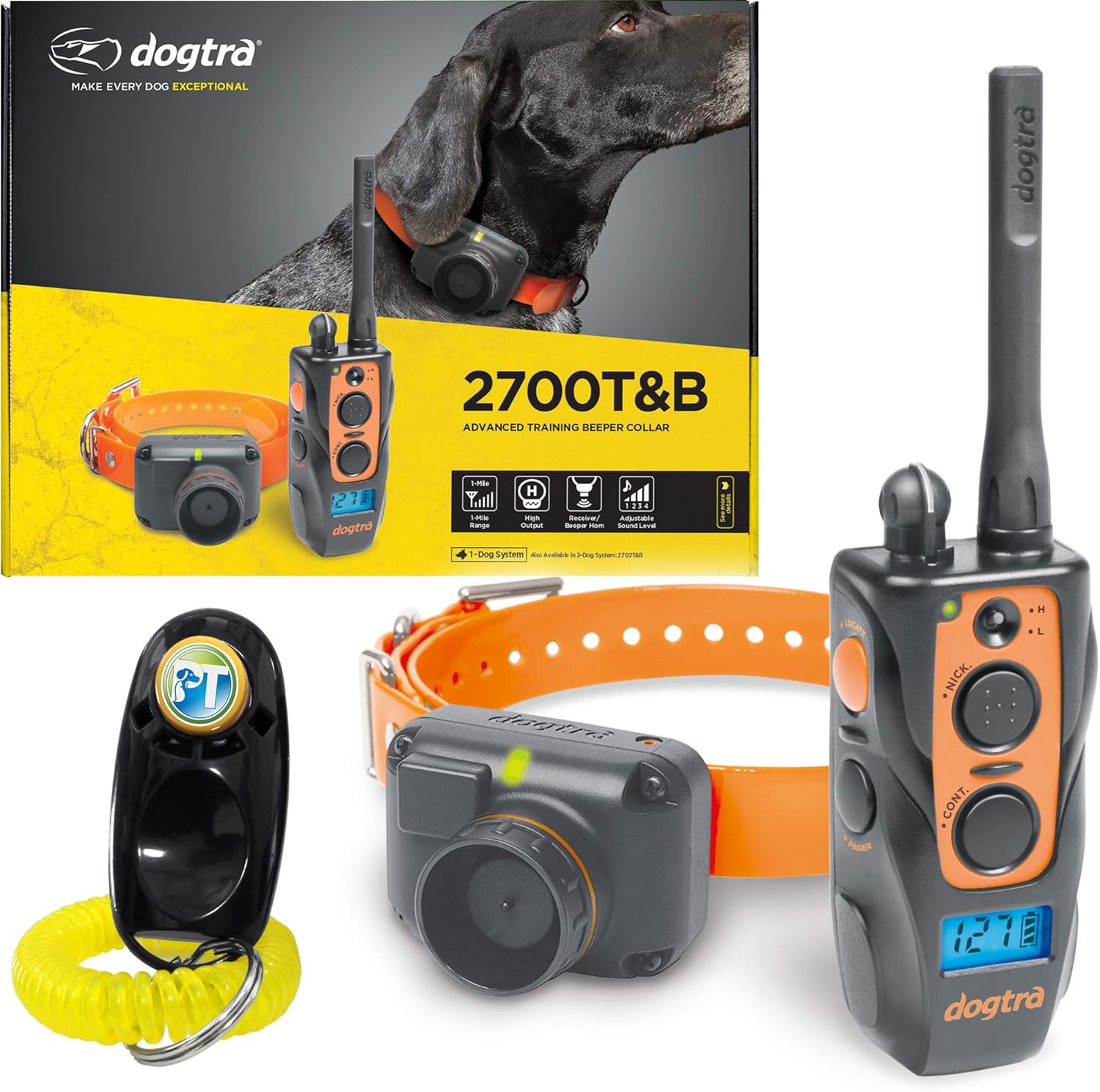 Dogtra 2700 T&B 1-Dog Remote Training and Beeper Collar - 1 Mile Range, Fully Waterproof, Rechargeable, Static, Vibration - Includes PetsTEK Dog Training Clicker