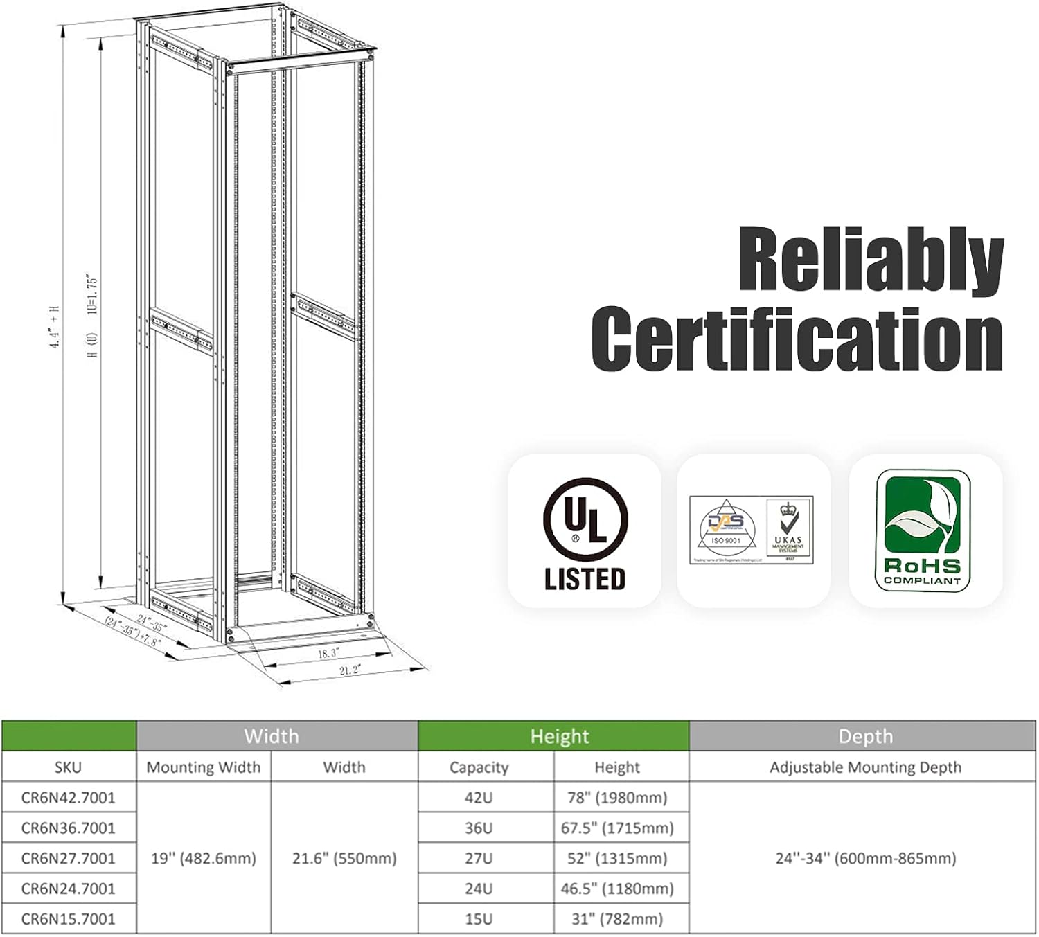 RAISING ELECTRONICS 42U 4 Post Open Frame Server Rack 19inch Adjustable Depth 24-35inch (42U)