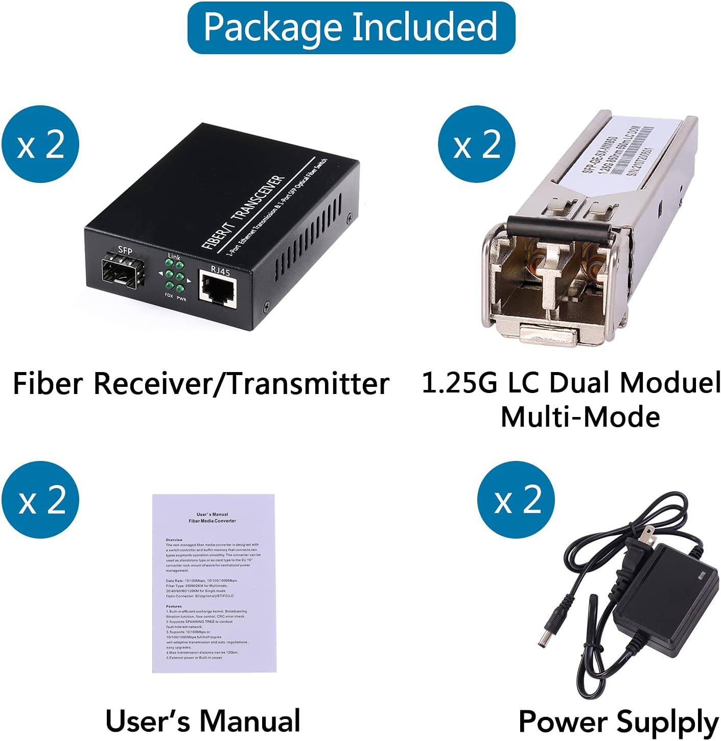 A Pair of 1.25G/s Bidi Gigabit Multi-Mode Fiber Ethernet Media Converter with 2PCS Bidi SFP LC Dual Transceiver Module Included, 10/100/1000Base-Tx to 1000Base-SX SMF RJ45 to SFP Slot up to 550M Pack of 2