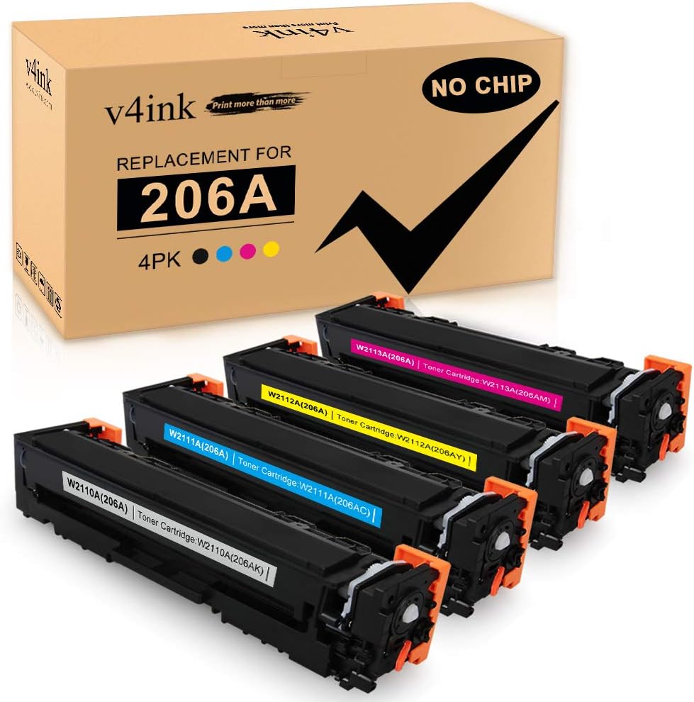 V4INK No-Chip Compatible 206A Toner Cartridge Replacement for HP 206A 206X W2110A W2111A W2112A W2113A Toner Color Set for HP Color Pro M255dw M283fdw M283cdw M282nw M255 M283 Printer 4-Pack Pack of 2