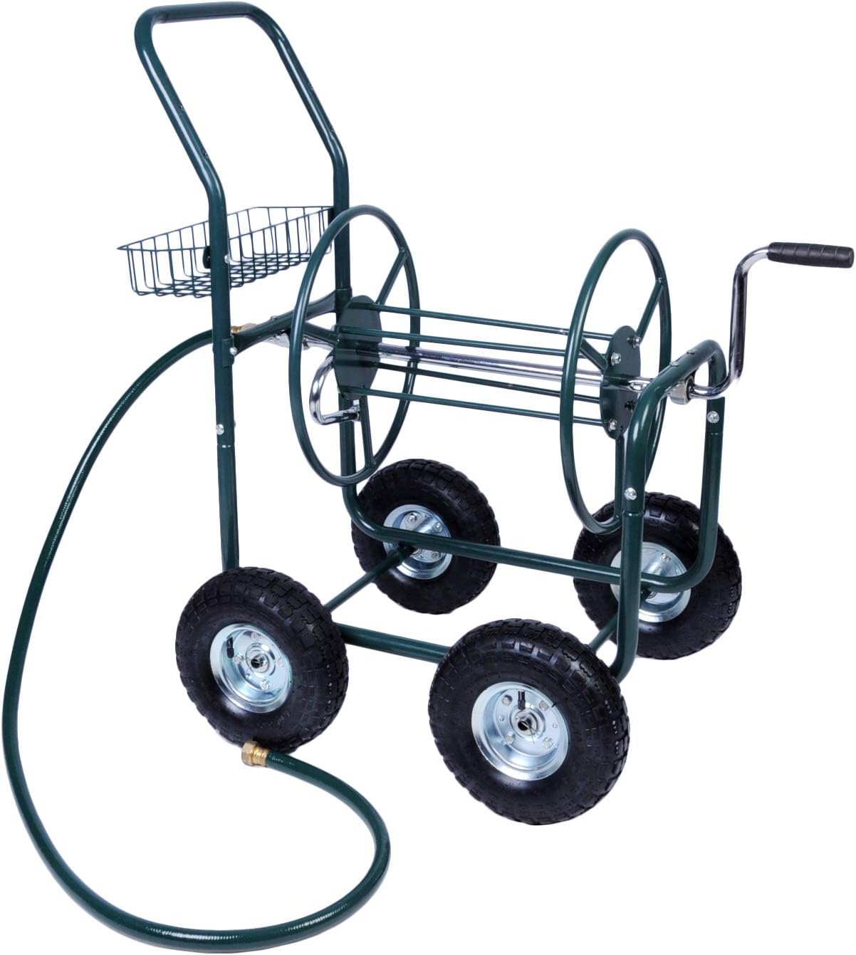 Livebest 4 Wheel Garden Hose Reel Cart Heavy Duty Yard Water Planting with Storage Basket,Holds 390FT Hose