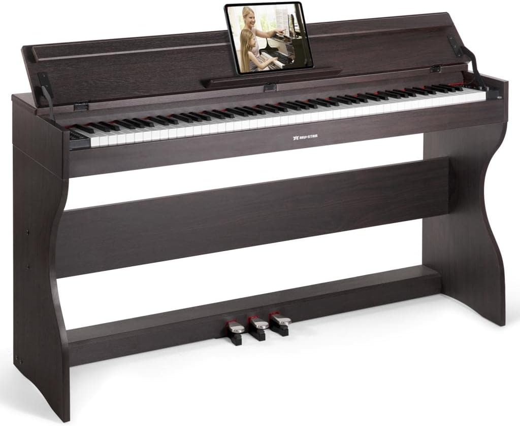MUSTAR 88-Key Weighted Heavy Hammer Action Keys Digital Piano for Beginner, Bluetooth, USB MIDI,MP3,Power Adapter,Triple Pedals,LCD Screen, and Cloth Cover Function,Black/Brown Color(Brown)
