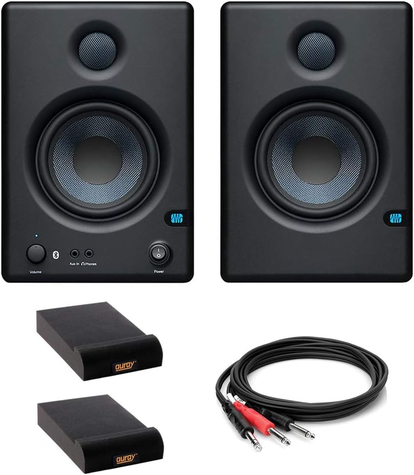 PreSonus ERIS BT 4.5 Bluetooth Media Monitors (Pair) with 2x Isolation Pad (Small) & 3.3' Stereo Male Y-Cable Bundle