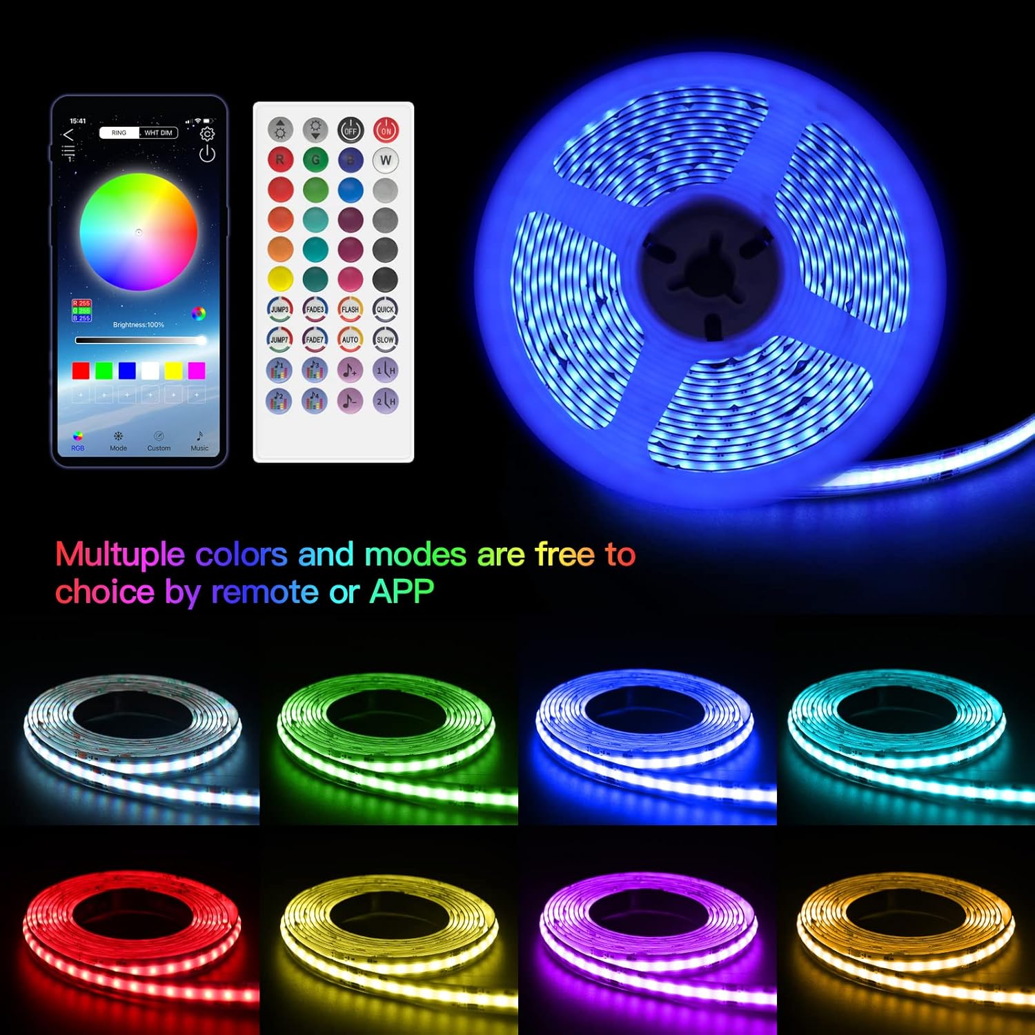 RGB COB Led Strip Lights for Bedroom 16.4ft ，Music Sync Color Changing Lights with App Control and Remote, Ultra Bright(420 LEDs/m) Led Light Strips for Home Decoration, Party, Bar Pack of 2
