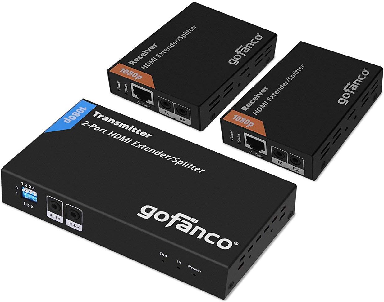 gofanco Prophecy 1x4 HDMI Extender Splitter 1080p Over Cat5e/Cat6/Cat7 Ethernet Cable with HDMI Loopout - Up to 50m/165ft - EDID Management, Bi-Directional IR Remote Control (1 in 4 Out / 4-Port)