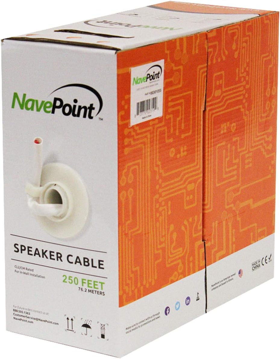 NavePoint 250ft in Wall Audio Speaker Cable Wire CL2 16/2 AWG Gauge 2 Conductor Bulk White Pack of 2