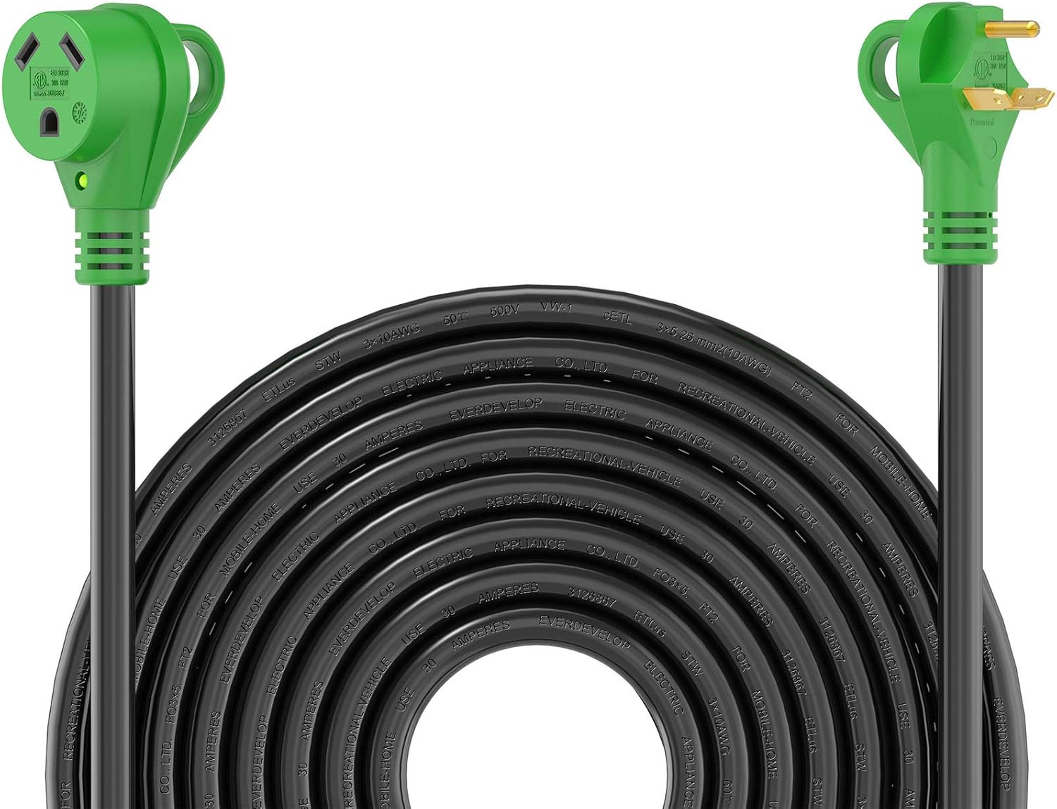 RVGUARD 30 Amp 25 Feet RV Power Extension Cord, Heavy Duty 10/3 Gauge STW Cord with LED Power Indicator and Cord Organizer, 30 Amp Male to 30 Amp Female Standard Plug, Green, ETL Listed Pack of 2