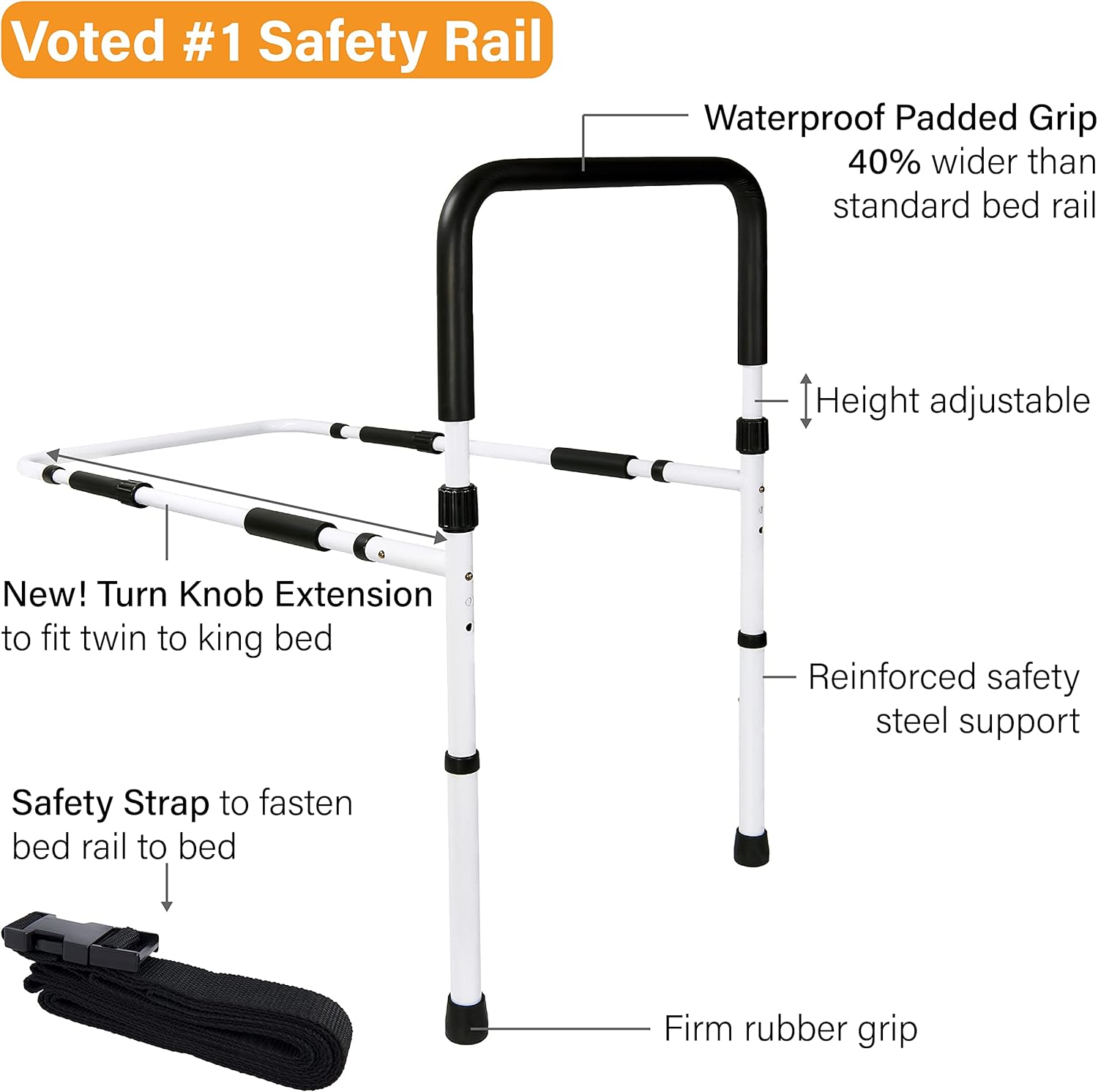 Vaunn Medical Adjustable Bed Assist Rail Handle and Hand Guard Grab Bar, Bedside Safety and Stability (Tool-Free Assembly), White/Black (876-V) Pack of 2