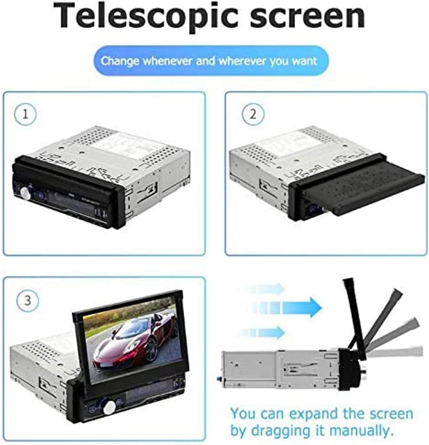 Regetek Single Din Car Stereo 7 inch Bluetooth Car Audio Video Player RDS FM AM Car Radio Player USB/AUX/TF HD Telescopic Retractable Capacitive Touch Screen