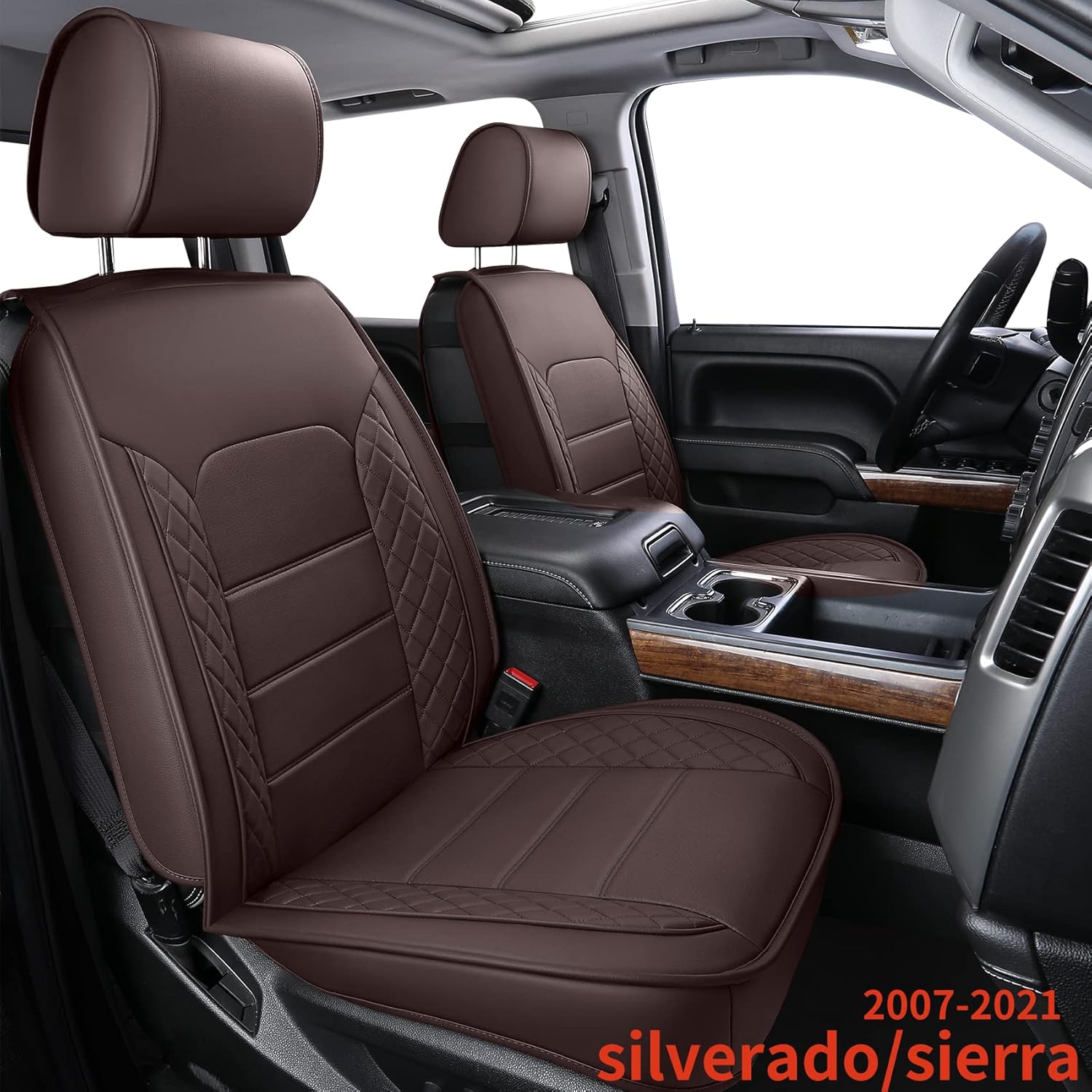 LUCKYMAN CLUB Chevy Silverado/Sierra X04-S3 Seat Covers Full Set, Fit 2007-2013&2019-2022 1500/2008-2014&2020-2021 2500 HD/3500 HD Crew Cab with Water Proof Faux Leather (Full Set, Brown)