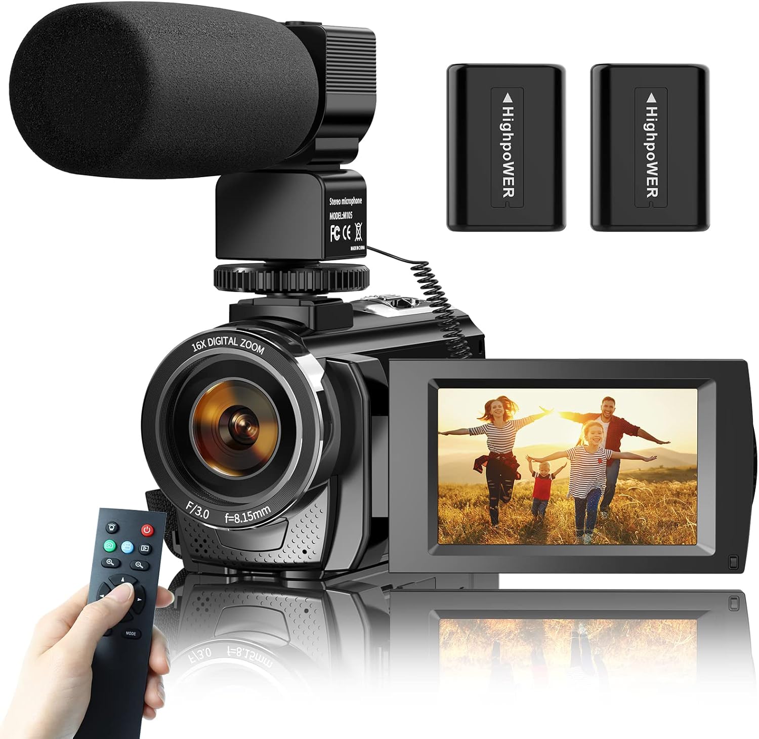 Video Camera Camcorder for YouTube, Aasonida Digital Vlogging Camera FHD 1080P 30FPS 24MP 3.0 Inch 270° Rotation Screen Video Recorder with Microphone, Remote Control, 2 Batteries