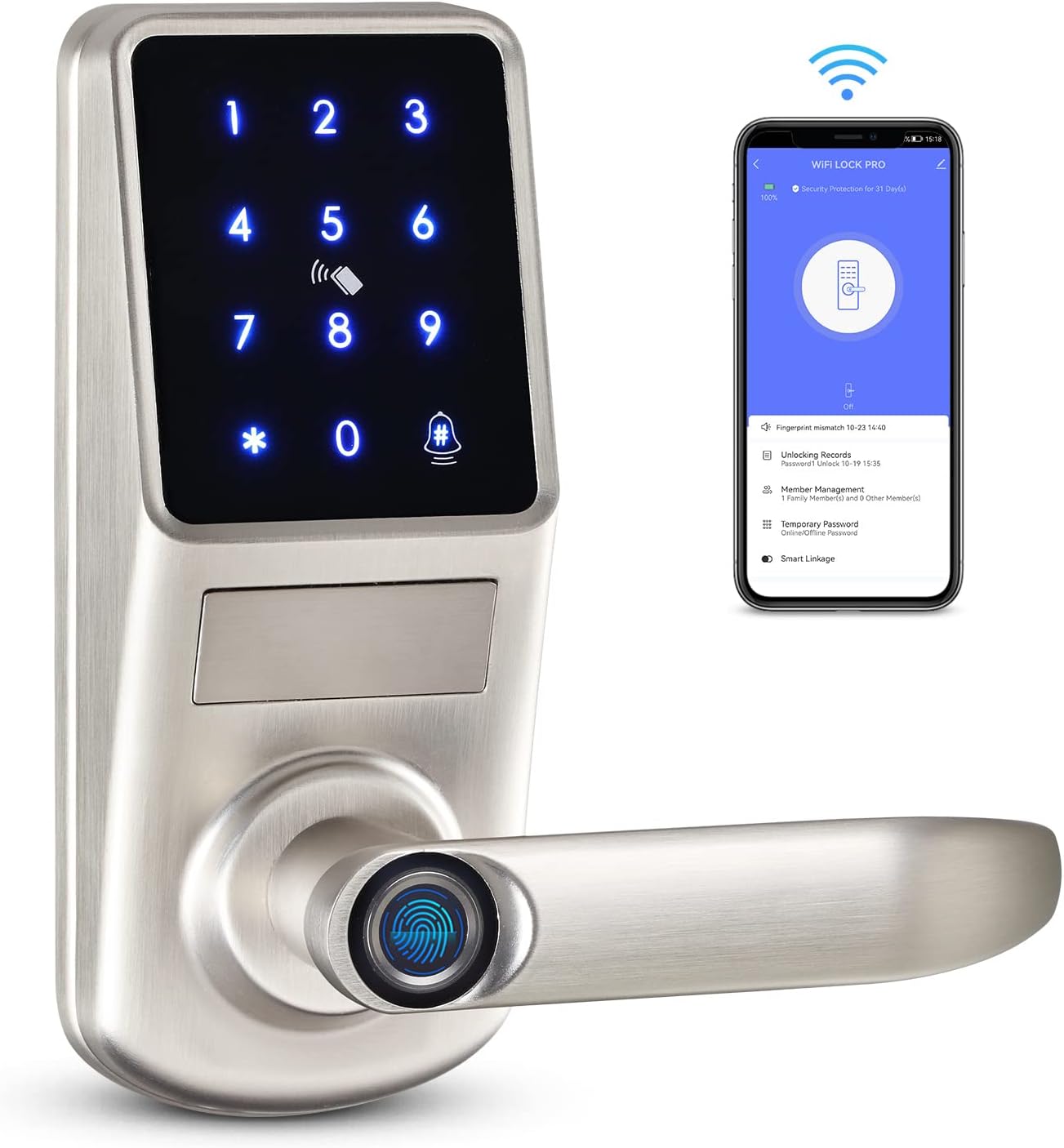 LOQRON Smart Fingerprint Door Lock, WiFi Keypad Door Lever Deadbolt, Keyless Entry Door Lock with Reversible Handle, Remote Unlock & Auto Lock, Digital Front Door Lock for Home Airbnb - Satin Nickel